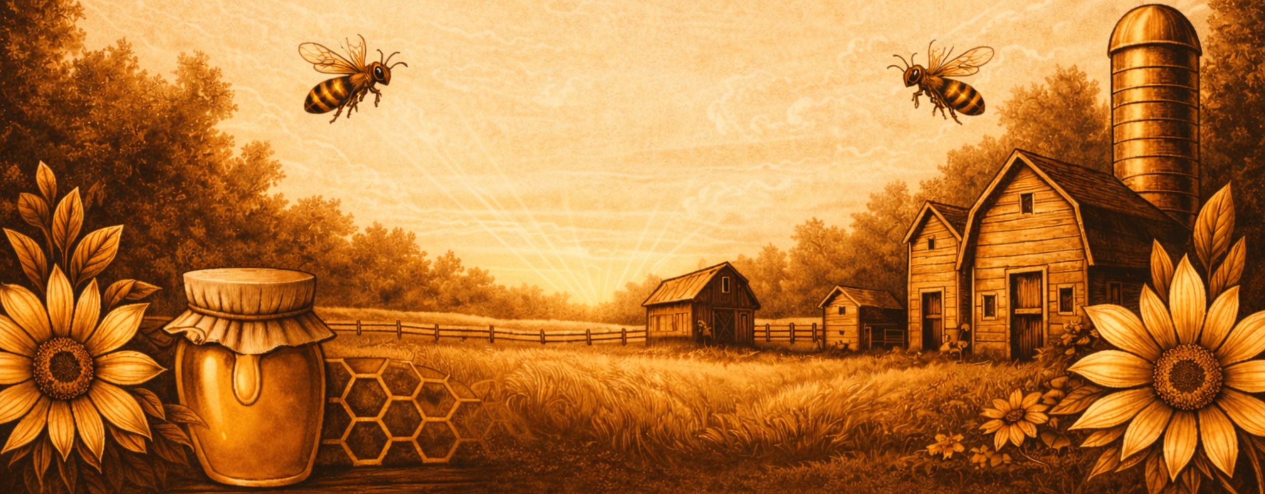 Buckeye Valley Homestead farm scene with honey jar, honeycomb, sunflowers, bees, and barn in Southern Ohio.