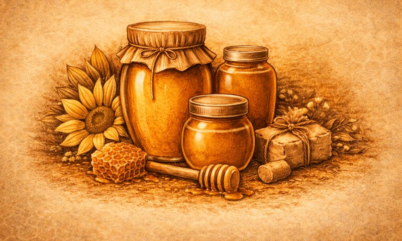 Jars of Buckeye Valley Homestead honey and products.