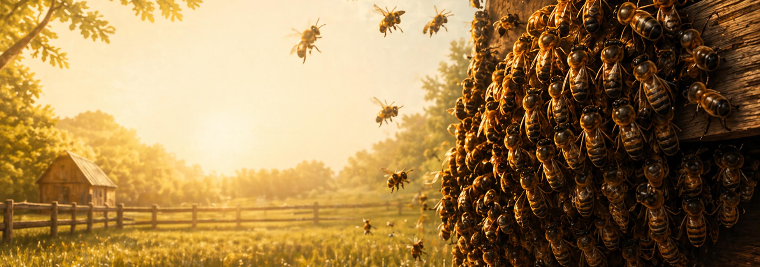 Honey bees gathered on a tree near a homestead