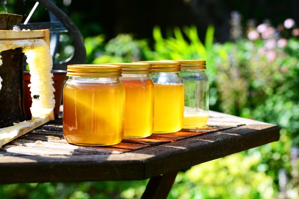 honey, jars, harvest, bees, garden, honey jars, glass containers, glass jars, golden, pure, raw, honey, nature, honey, honey, honey, honey